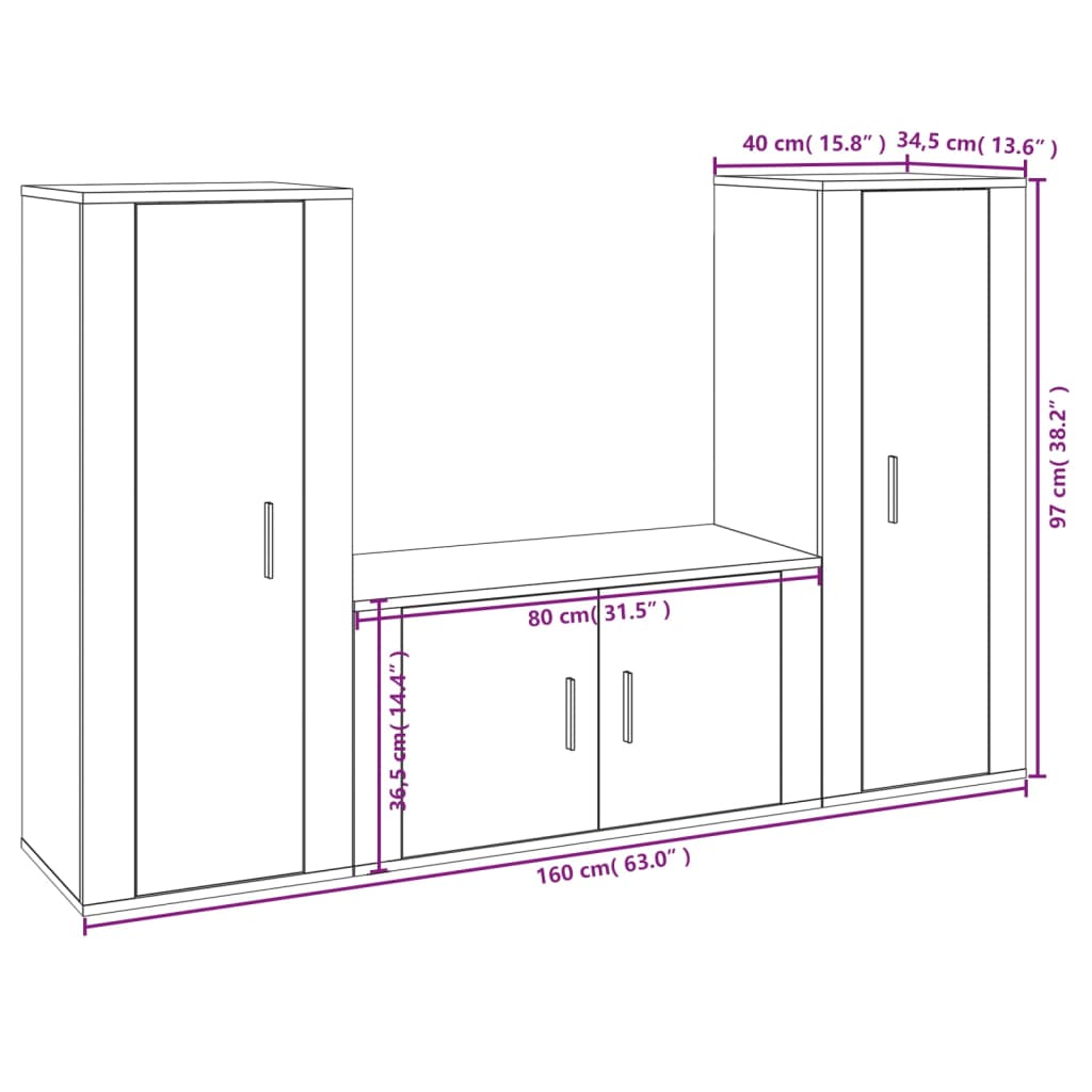 vidaXL 3-tlg. TV-Schrank-Set Hochglanz-Weiß Holzwerkstoff