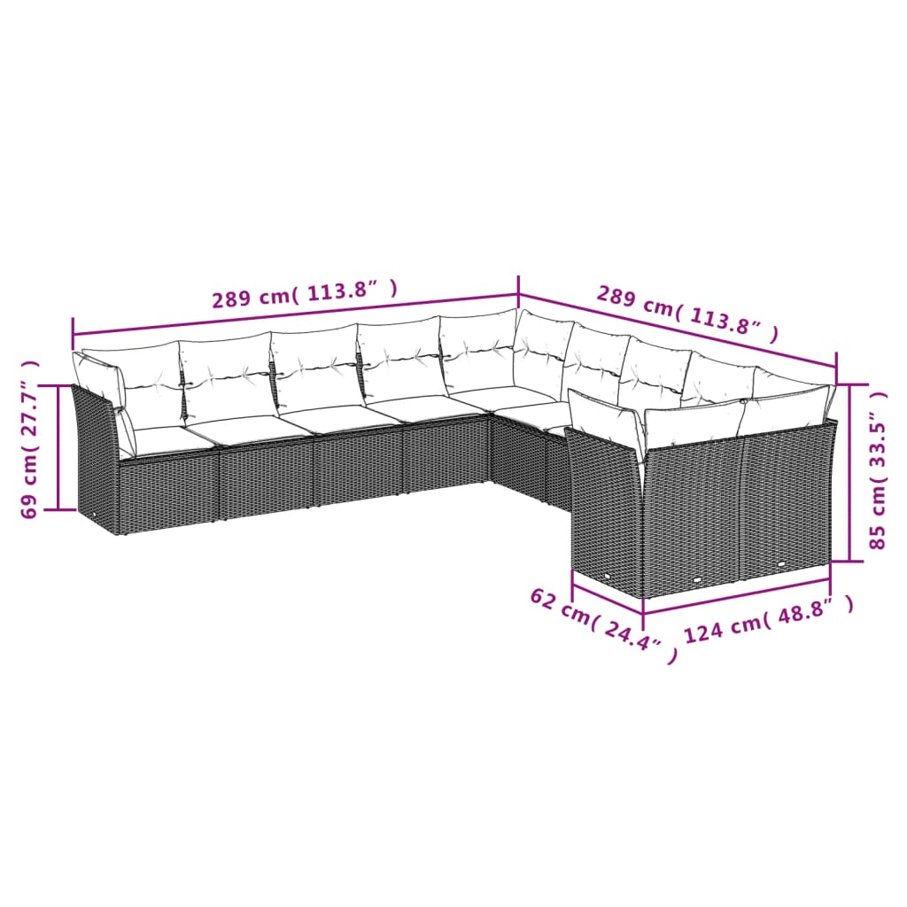 vidaXL 10-tlg. Garten-Sofagarnitur mit Kissen Schwarz Poly Rattan