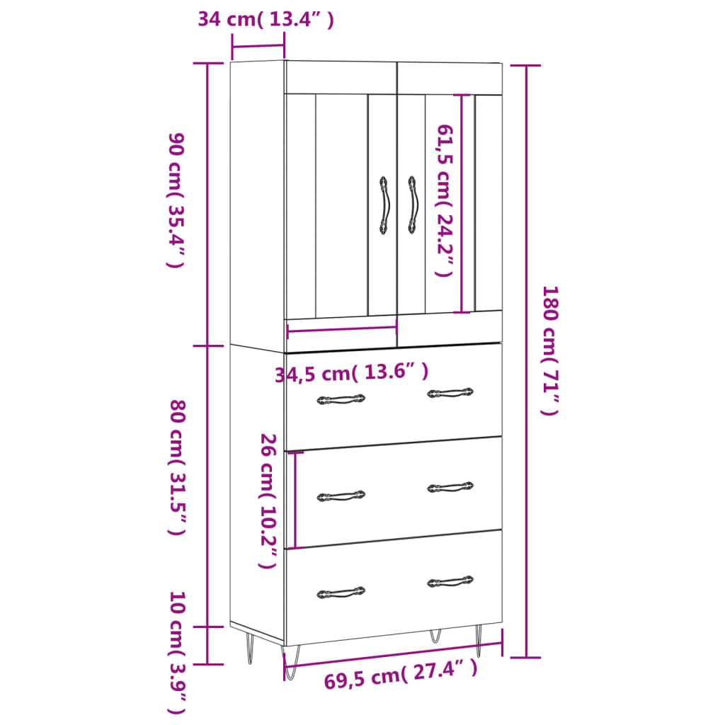 vidaXL Highboard Grau Sonoma 69,5x34x180 cm Holzwerkstoff