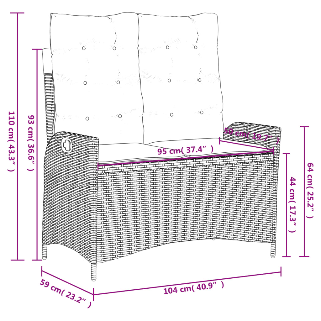 vidaXL Gartenbank Verstellbar mit Kissen Schwarz Poly Rattan