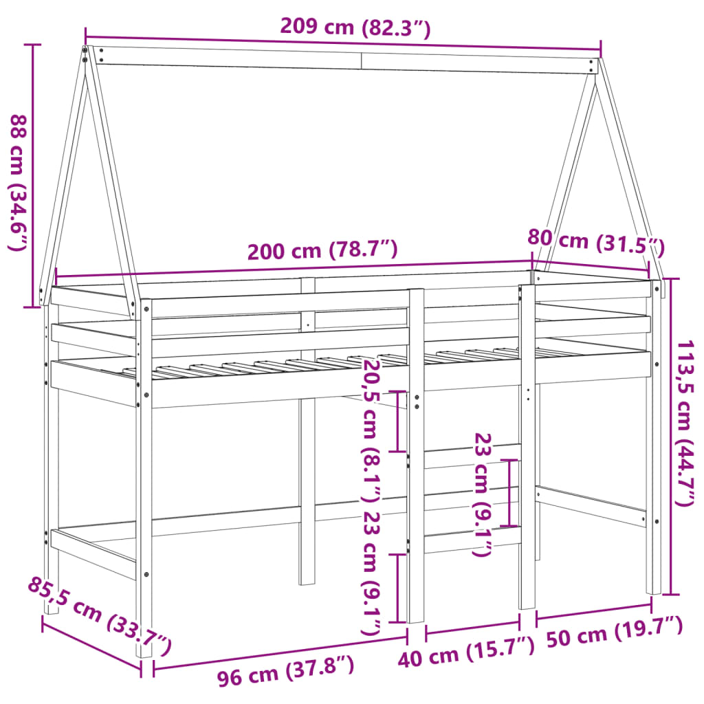 vidaXL Hochbett mit Leiter und Dach Weiß 80x200 cm Massivholz Kiefer