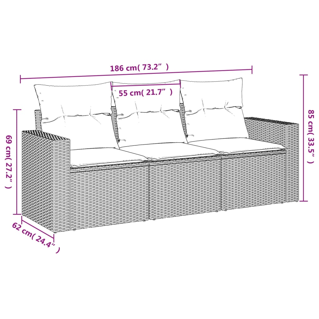 vidaXL 3-tlg. Garten-Sofagarnitur mit Kissen Grau Poly Rattan