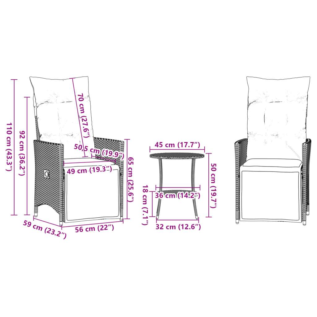 vidaXL 3-tlg. Bistro-Set mit Kissen Schwarz Poly Rattan