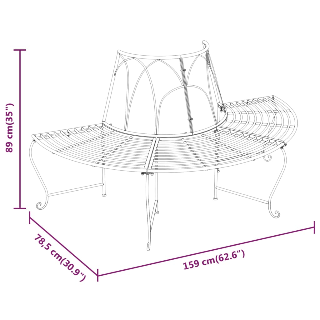 vidaXL Baumbank Halbrund Ø159 cm Schwarz Stahl