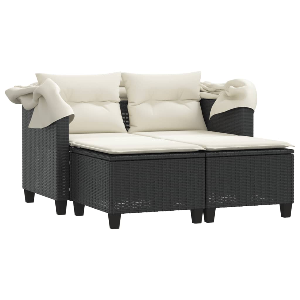 vidaXL Gartensofa 2-Sitzer mit Dach und Hockern Schwarz Poly Rattan