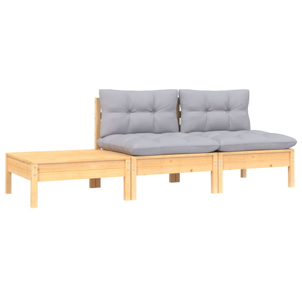 vidaXL 3-tlg. Garten-Lounge-Set mit Kissen Grau Kiefer Massivholz