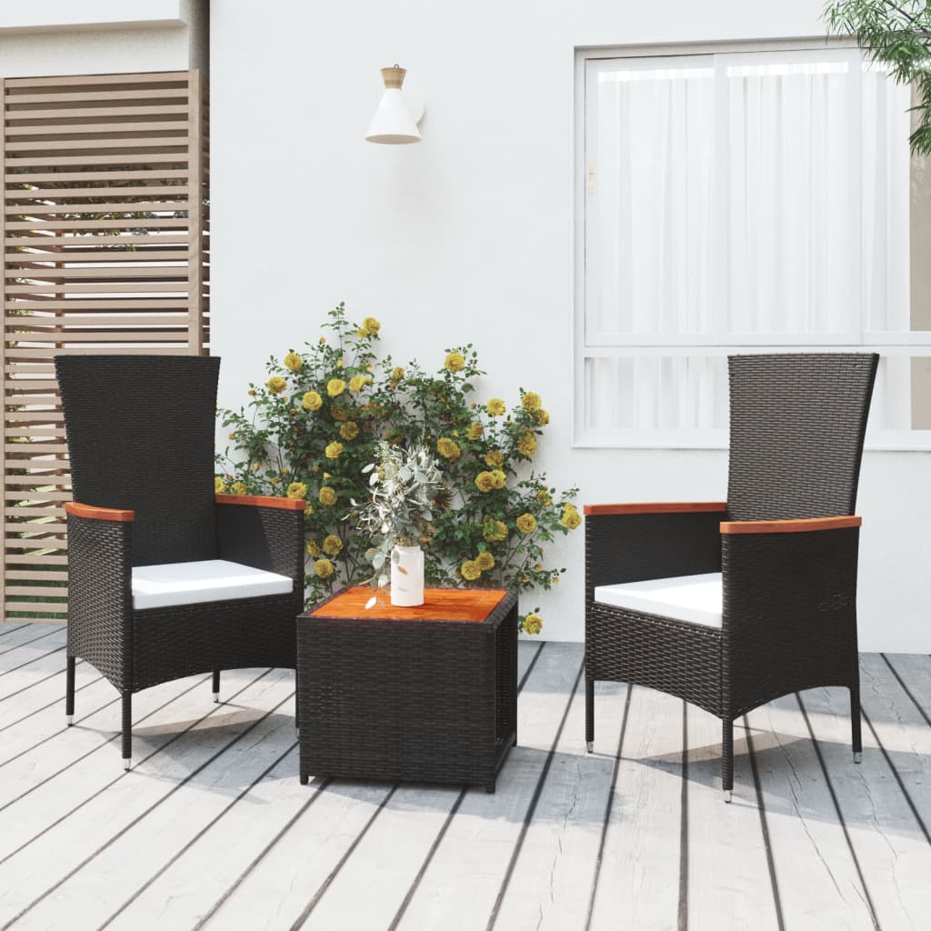 vidaXL 3-tlg. Garten-Lounge-Set Schwarz Poly Rattan Massivholz Akazie