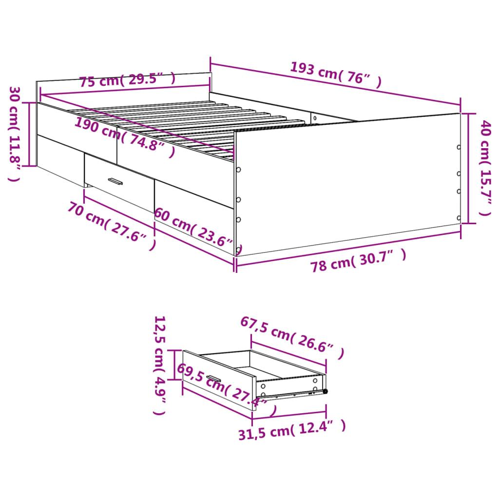 vidaXL Bettgestell mit Schubladen Sonoma-Eiche 75x190 cm Holzwerkstoff