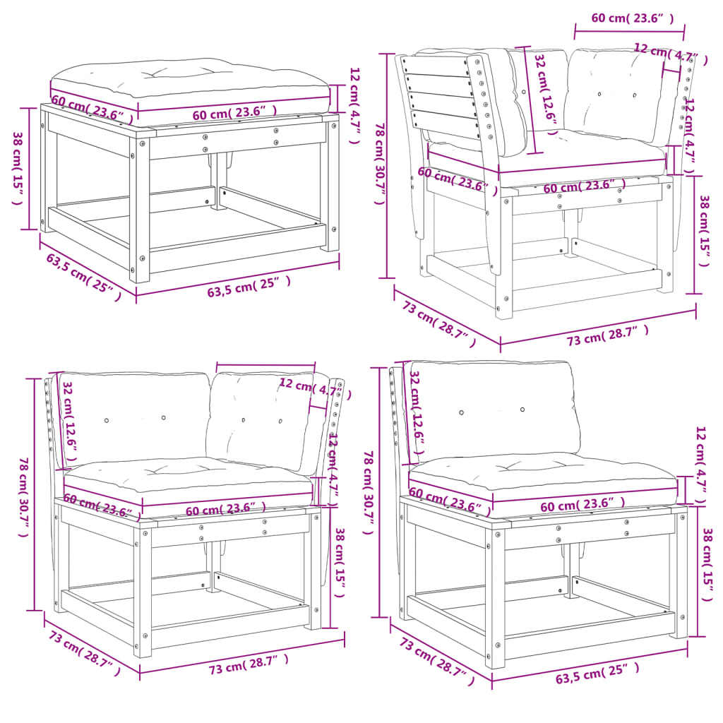 vidaXL 5-tlg. Garten-Lounge-Set mit Kissen Massivholz Kiefer