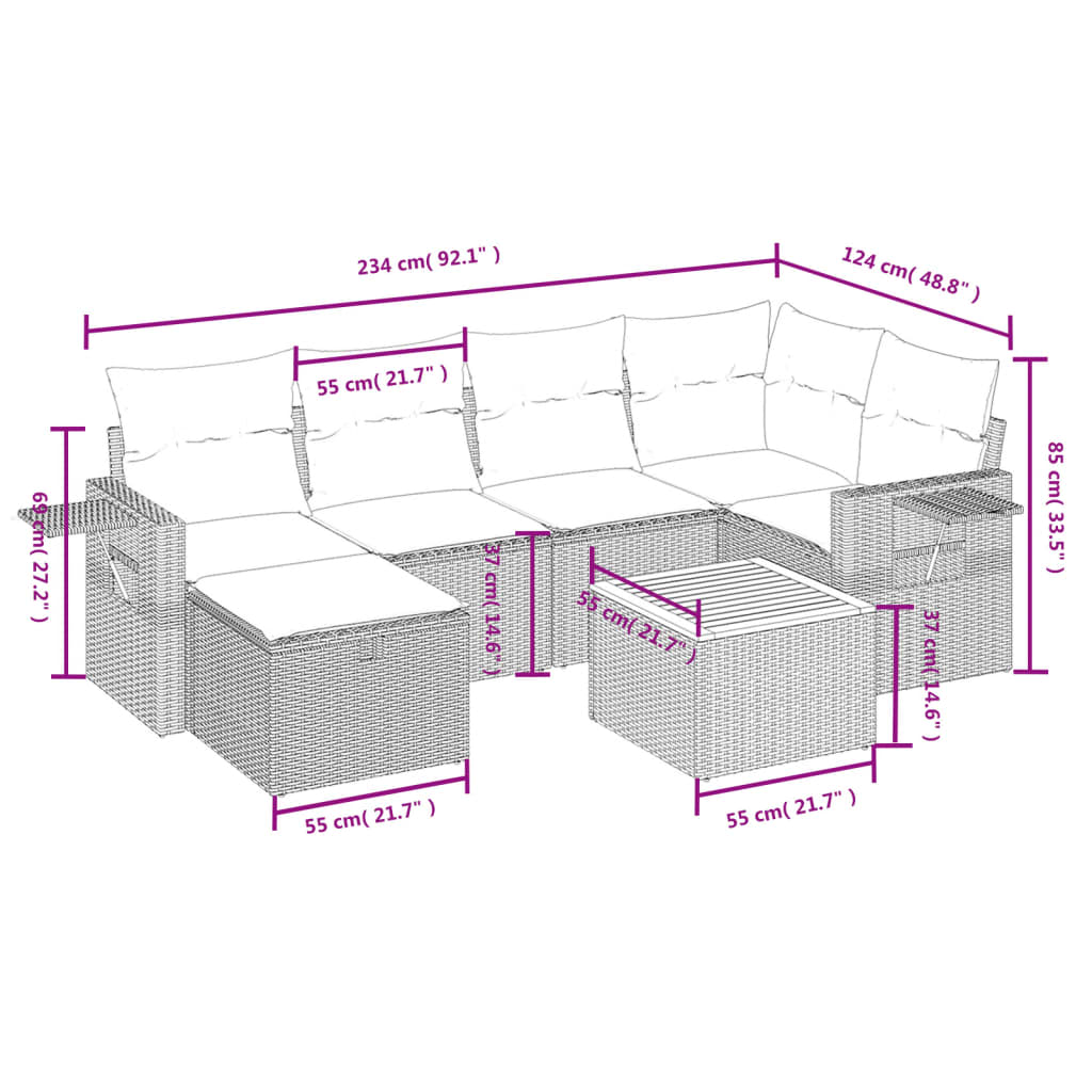 vidaXL 7-tlg. Garten-Sofagarnitur mit Kissen Beige Poly Rattan