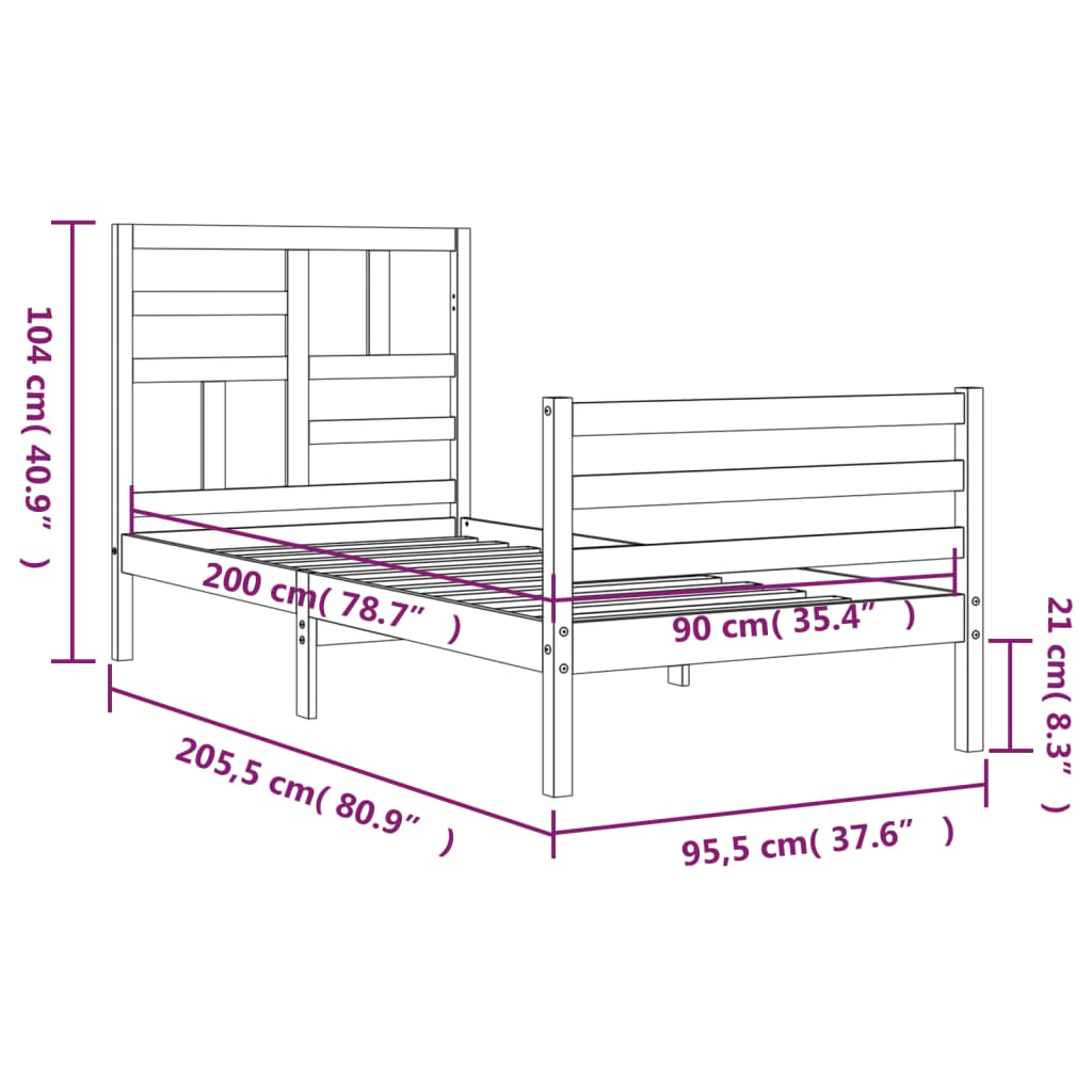 vidaXL Massivholzbett mit Kopfteil 90x200 cm