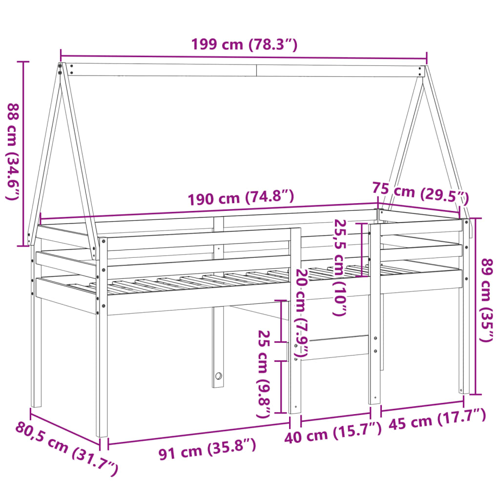 vidaXL Hochbett mit Dach Wachsbraun 75x190 cm Massivholz Kiefer