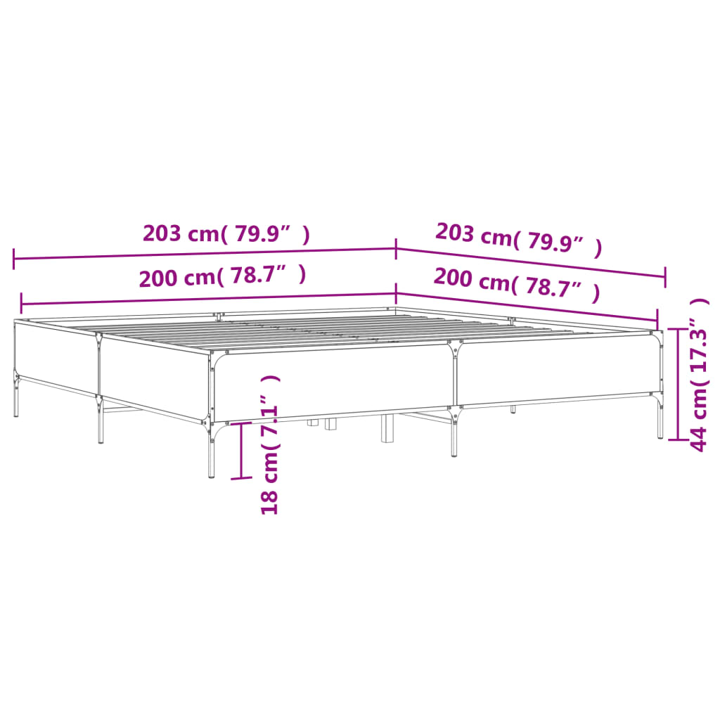 vidaXL Bettgestell Räuchereiche 200x200 cm Holzwerkstoff und Metall