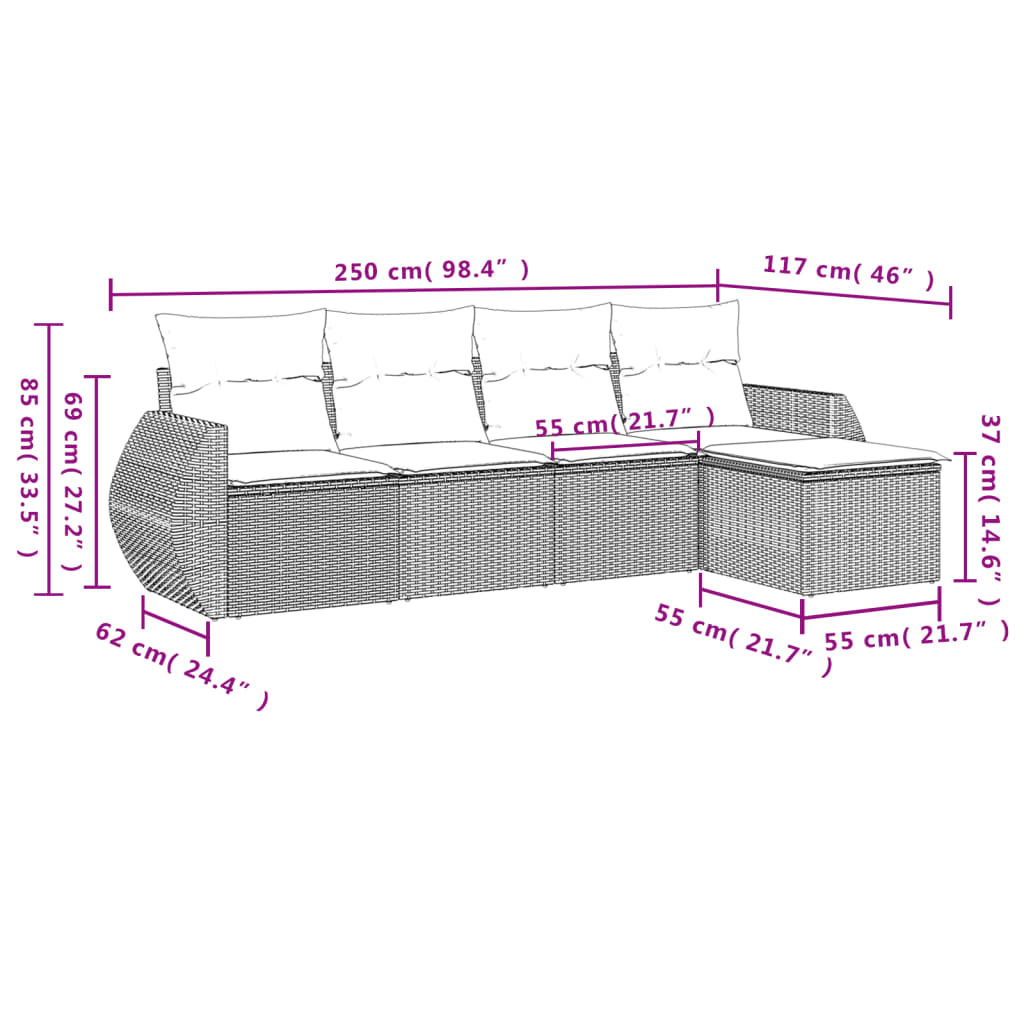 vidaXL 5-tlg. Garten-Sofagarnitur mit Kissen Beige Poly Rattan