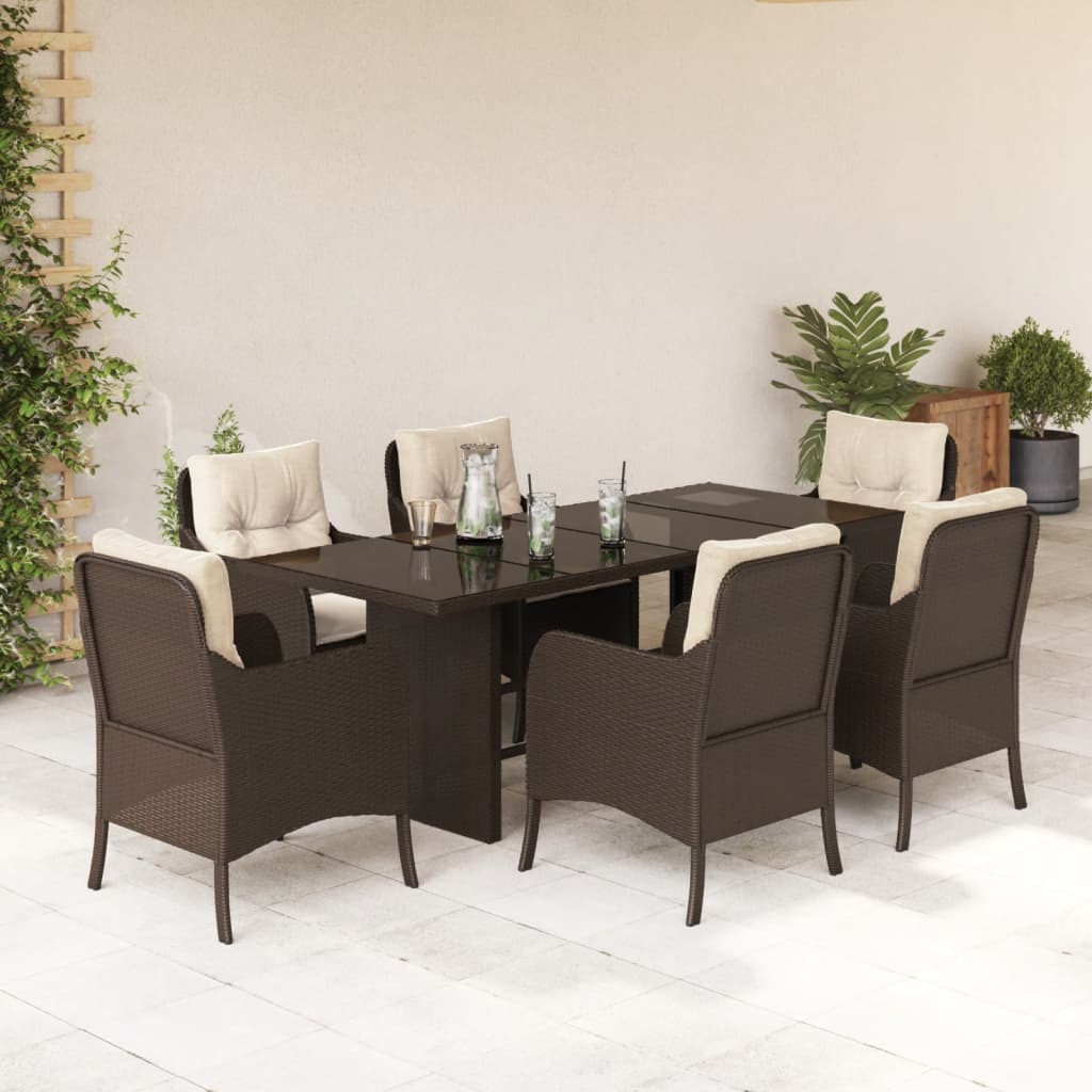 vidaXL 7-tlg. Garten-Essgruppe mit Kissen Braun Poly Rattan