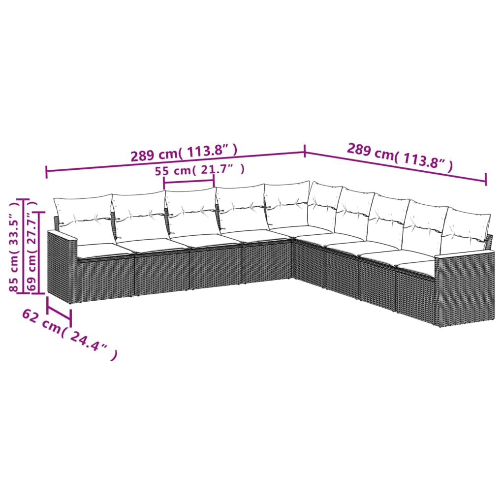 vidaXL 9-tlg. Garten-Sofagarnitur mit Kissen Beige Poly Rattan