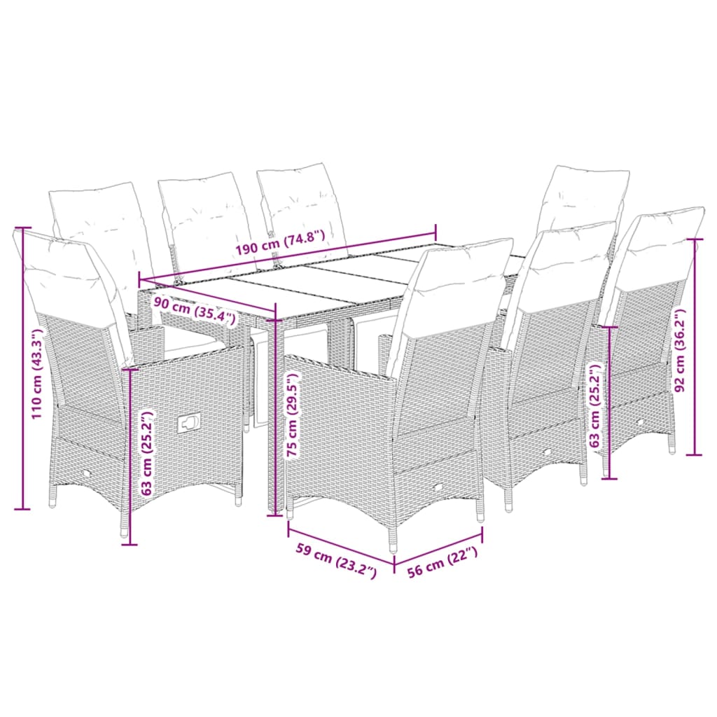 vidaXL 9-tlg. Garten-Essgruppe mit Kissen Schwarz Poly Rattan