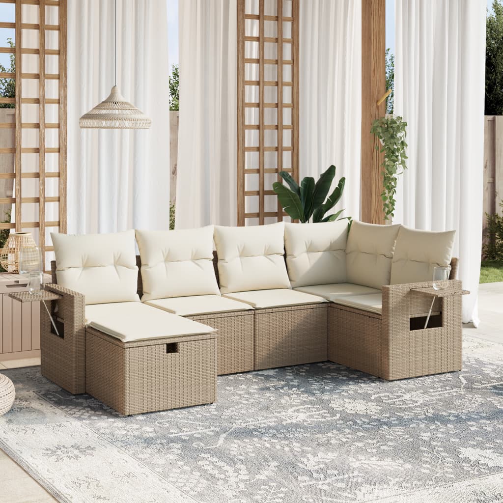 vidaXL 6-tlg. Garten-Sofagarnitur mit Kissen Beige Poly Rattan