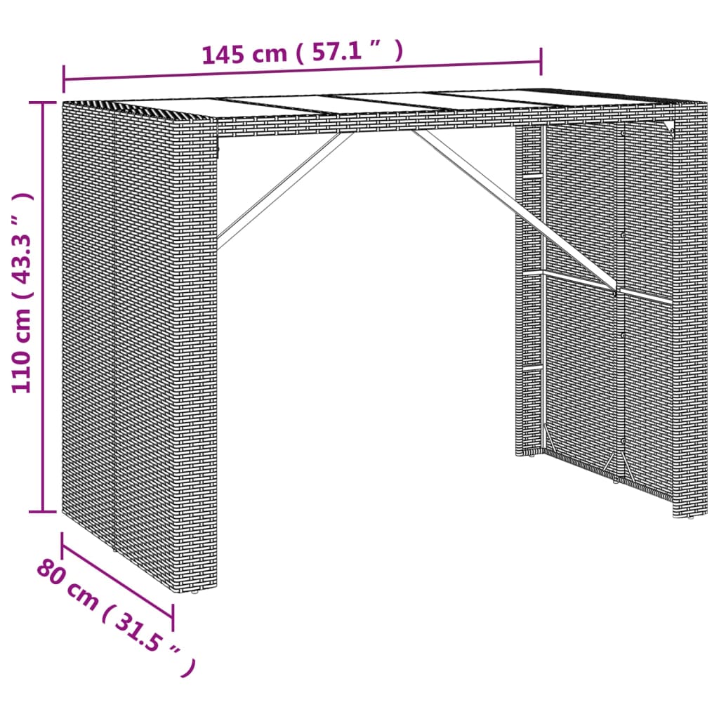 vidaXL Bartisch mit Glasplatte Braun 145x80x110 cm Poly Rattan