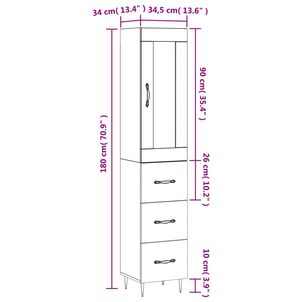 vidaXL Highboard Betongrau 34,5x34x180 cm Holzwerkstoff