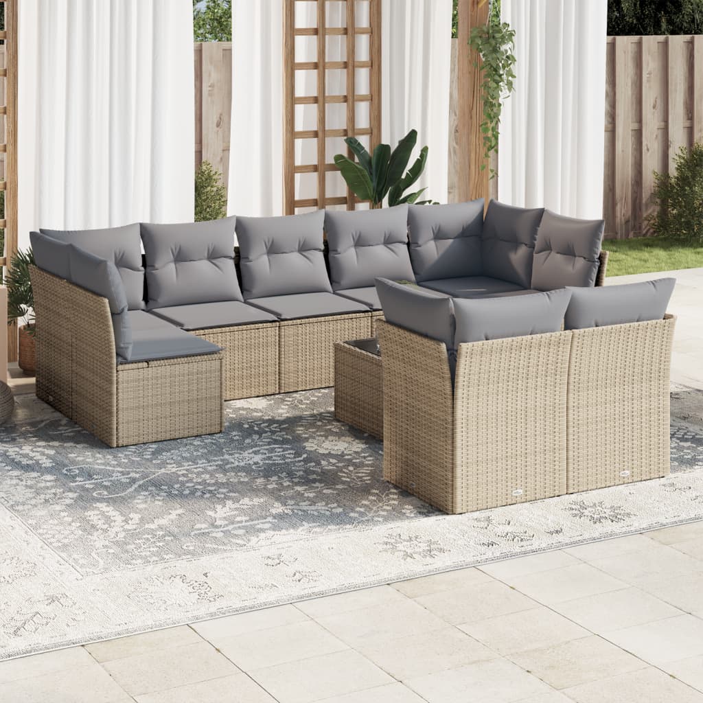 vidaXL 10-tlg. Garten-Sofagarnitur mit Kissen Beige Poly Rattan