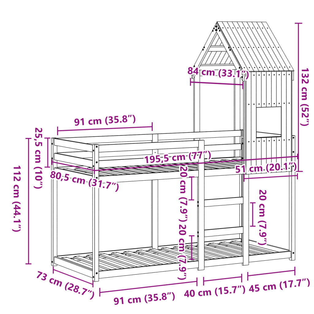 vidaXL Etagenbett mit Dach Weiß 75x190 cm Massivholz Kiefer
