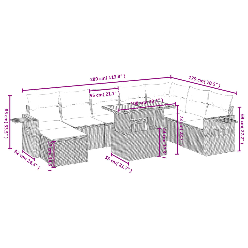 vidaXL 9-tlg. Garten-Sofagarnitur mit Kissen Schwarz Poly Rattan