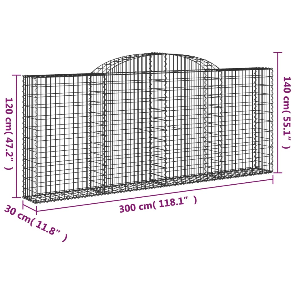 vidaXL Gabionen mit Hochbogen 3 Stk. 300x30x120/140cm Verzinktes Eisen