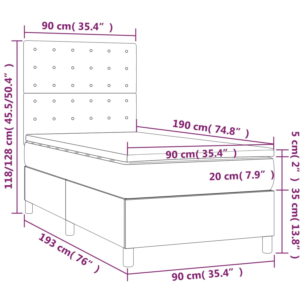 vidaXL Boxspringbett mit Matratze & LED Hellgrau 90x190 cm Stoff