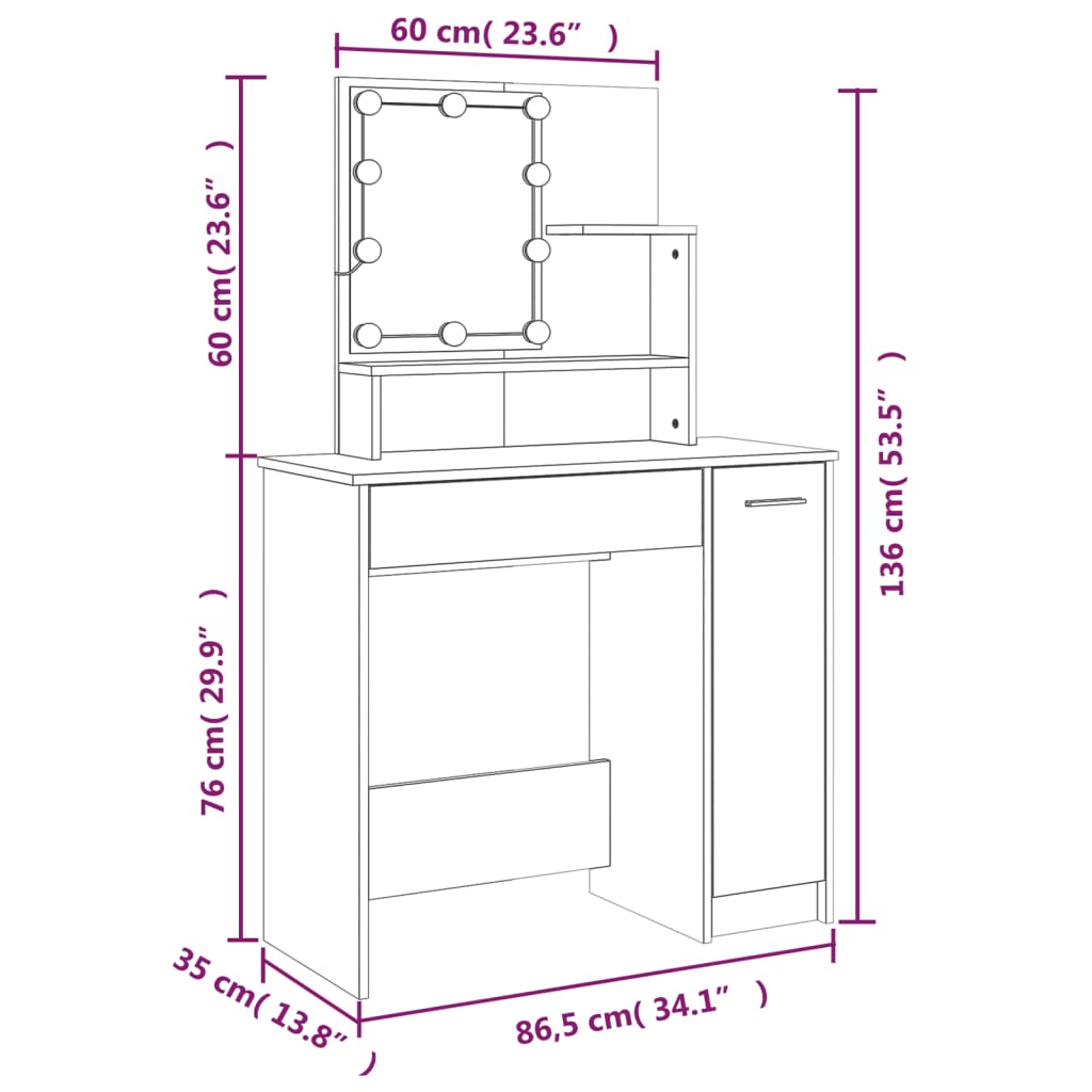 vidaXL Schminktisch mit LED Braun Eichen-Optik 86,5x35x136 cm