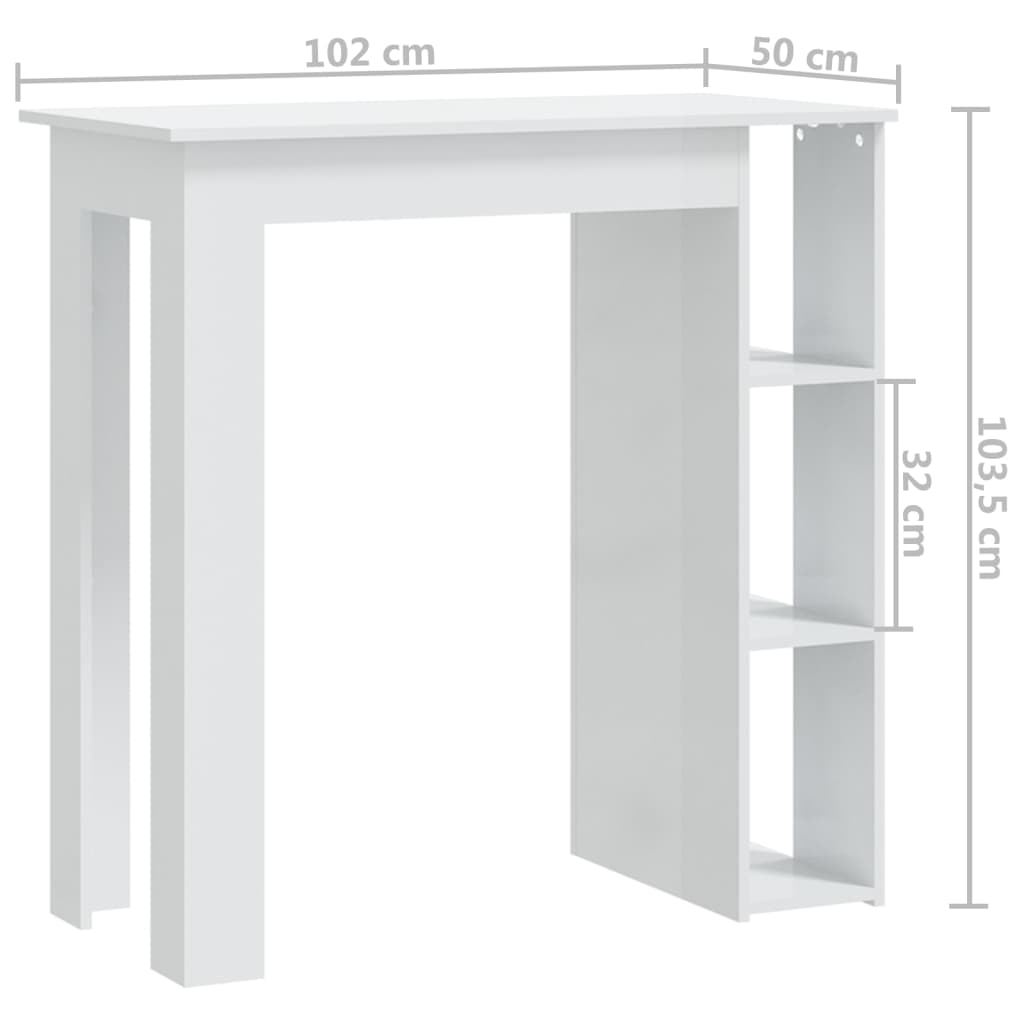 vidaXL Bartisch mit Regal Hochglanz-Weiß 102x50x103,5 cm Holzwerkstoff