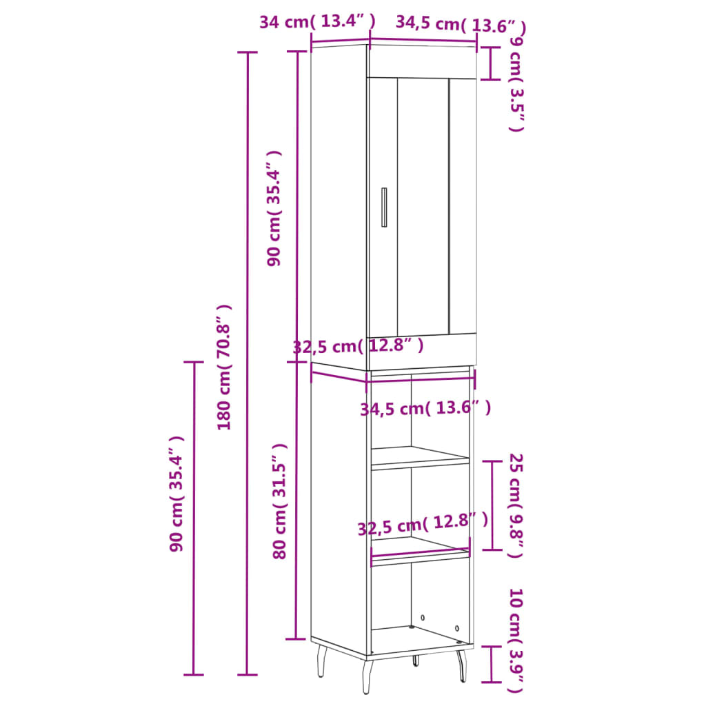 vidaXL Highboard Weiß 34,5x34x180 cm Holzwerkstoff