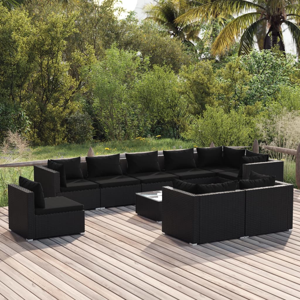 vidaXL 10-tlg. Garten-Lounge-Set mit Kissen Poly Rattan Schwarz