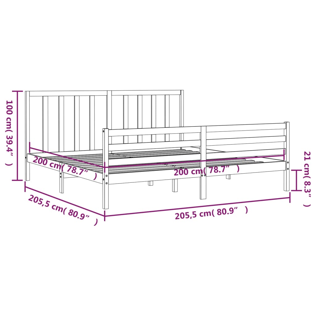 vidaXL Massivholzbett mit Kopfteil Grau 200x200 cm