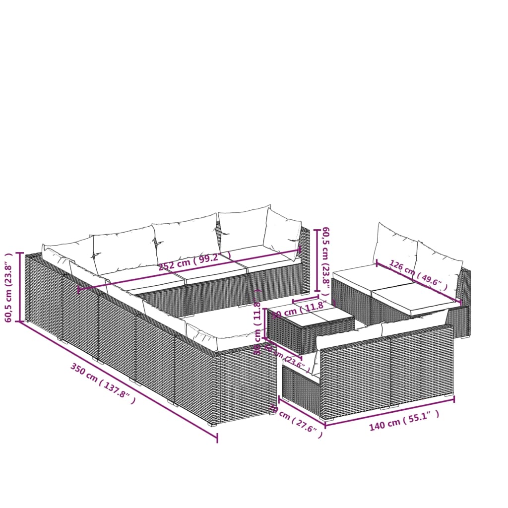 vidaXL 13-tlg. Garten-Lounge-Set mit Kissen Grau Poly Rattan