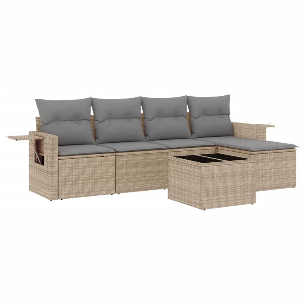 vidaXL 6-tlg. Garten-Sofagarnitur mit Kissen Beige Poly Rattan