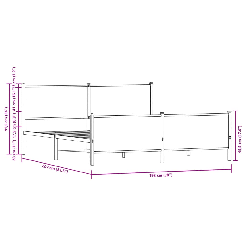 vidaXL Metallbett ohne Matratze Sonoma-Eiche 193x203 cm