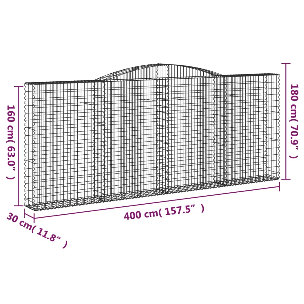 vidaXL Gabionen mit Hochbogen 6 Stk. 400x30x160/180cm Verzinktes Eisen