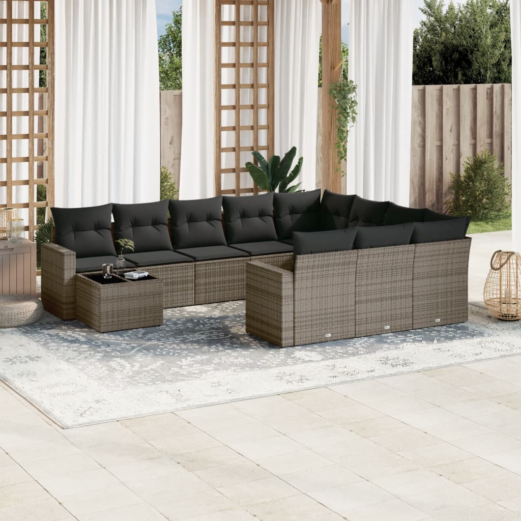 vidaXL 11-tlg. Garten-Sofagarnitur mit Kissen Grau Poly Rattan