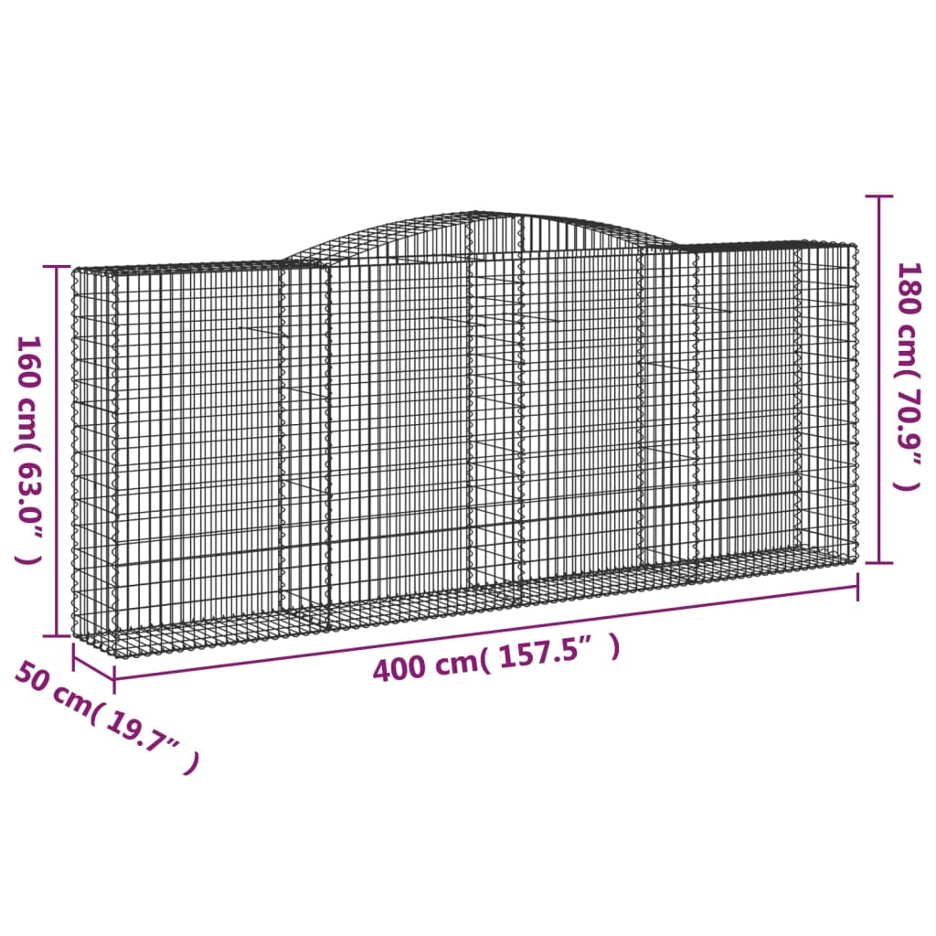 vidaXL Gabione mit Hochbogen 400x50x160/180 cm Verzinktes Eisen