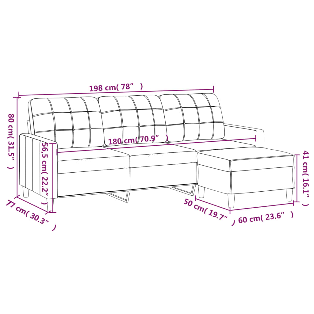 vidaXL 3-Sitzer-Sofa mit Hocker Weinrot 180 cm Stoff