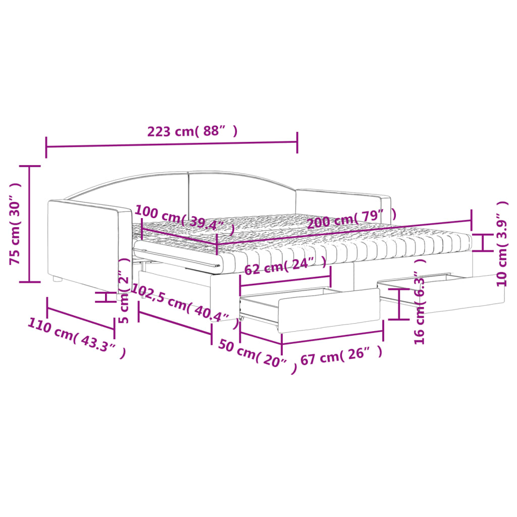 vidaXL Tagesbett Ausziehbar mit Schubladen Hellgrau 100x200 cm Stoff