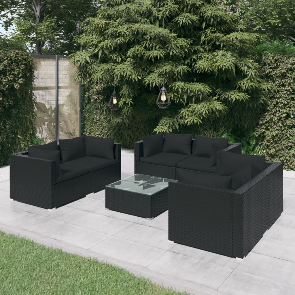 vidaXL 7-tlg. Garten-Lounge-Set mit Kissen Poly Rattan Schwarz