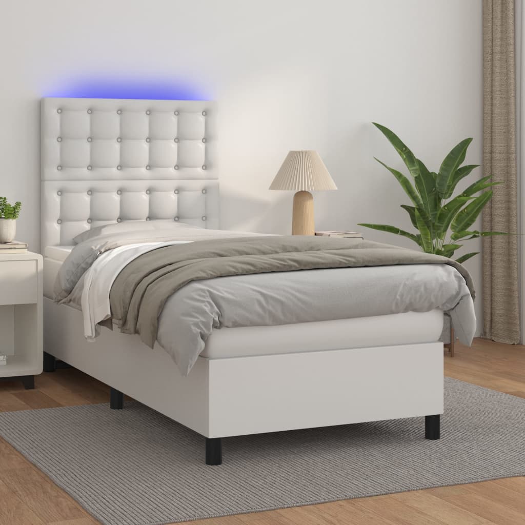 vidaXL Boxspringbett mit Matratze & LED Weiß 90x200 cm Kunstleder