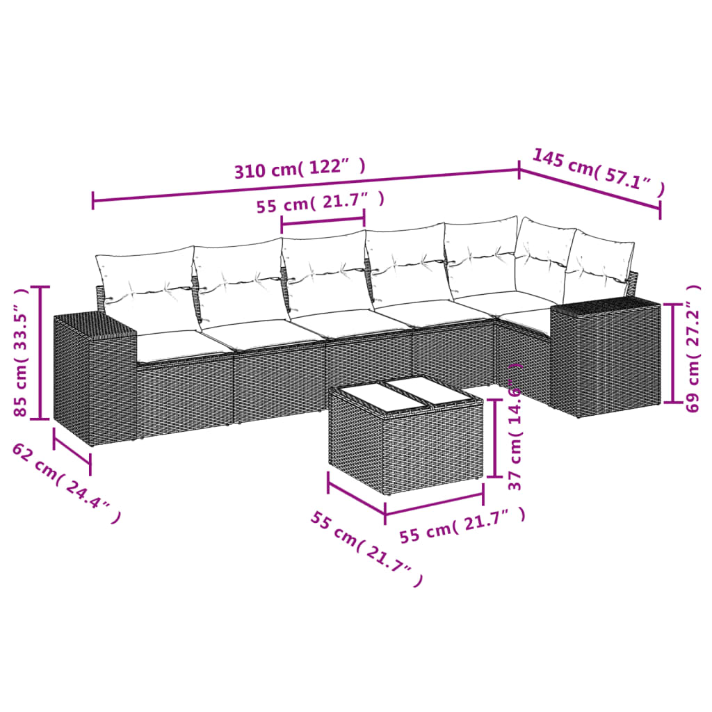 vidaXL 7-tlg. Garten-Sofagarnitur mit Kissen Beige Poly Rattan