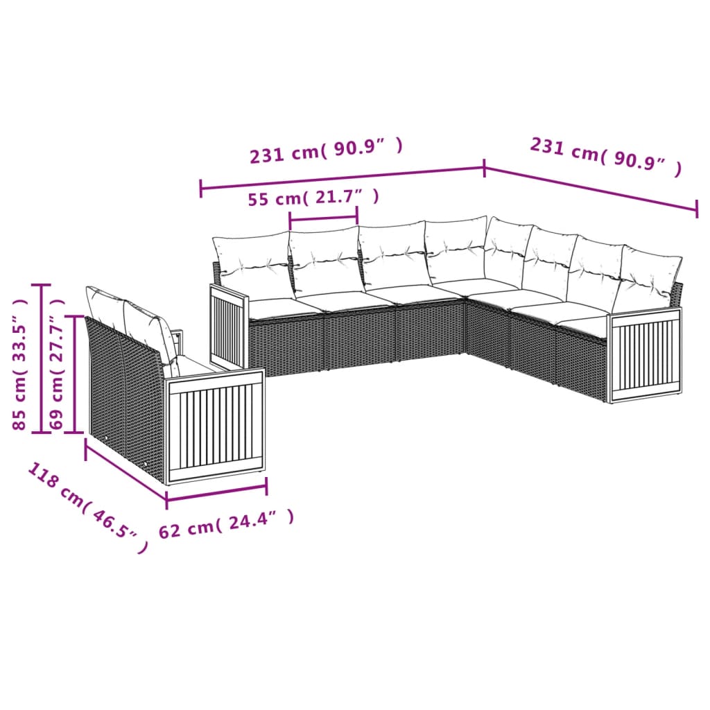 vidaXL 9-tlg. Garten-Sofagarnitur mit Kissen Beige Poly Rattan