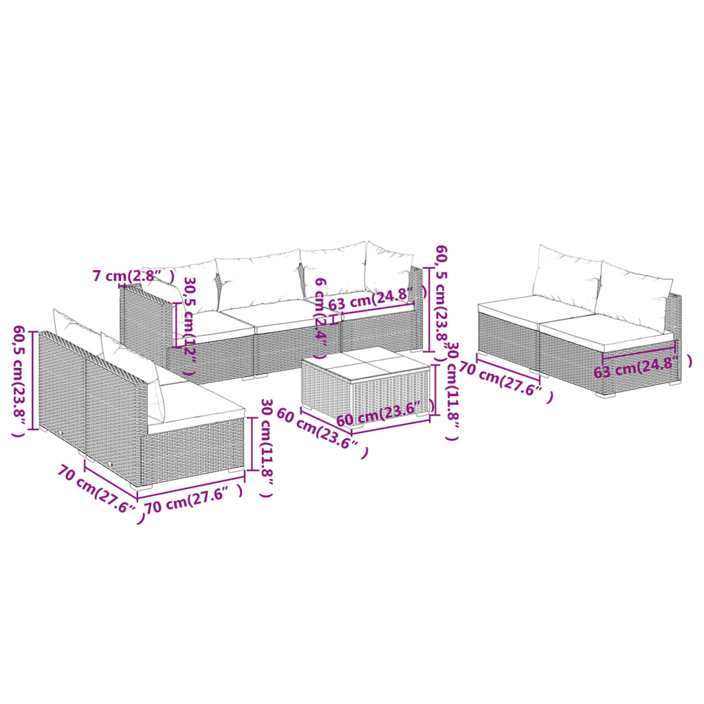 vidaXL 8-tlg. Garten-Lounge-Set mit Kissen Poly Rattan Schwarz