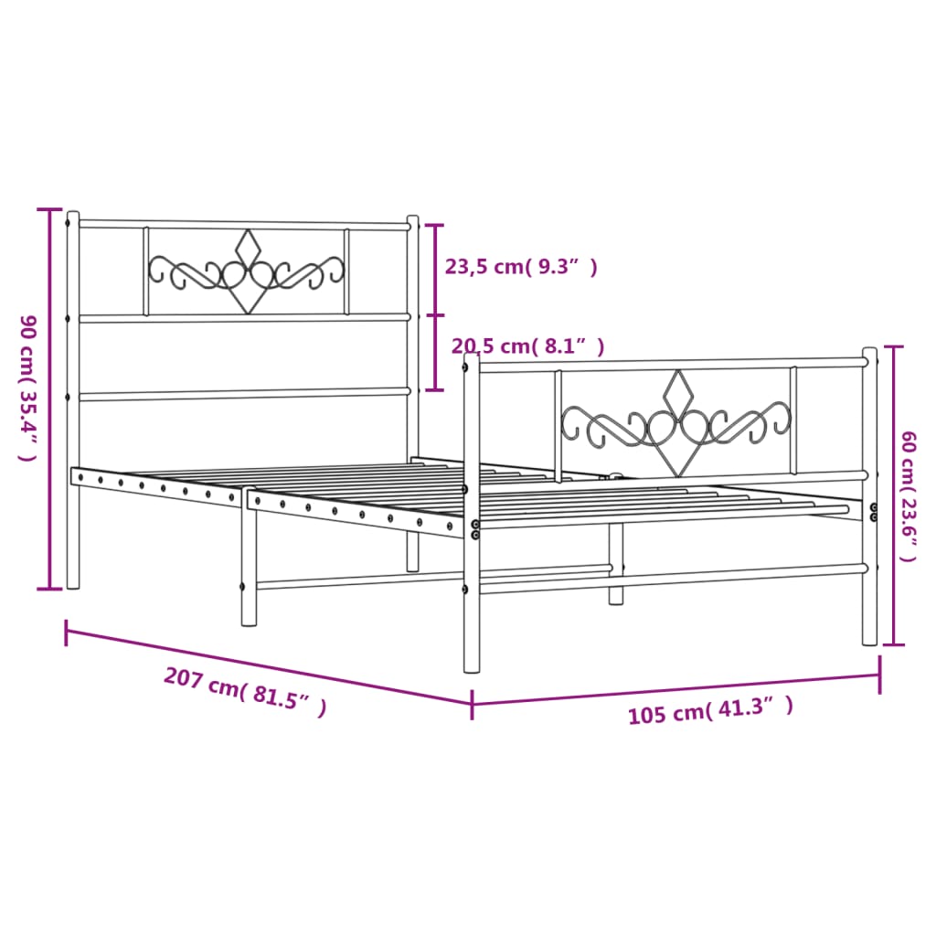 vidaXL Bettgestell mit Kopf- und Fußteil Metall Schwarz 100x200 cm