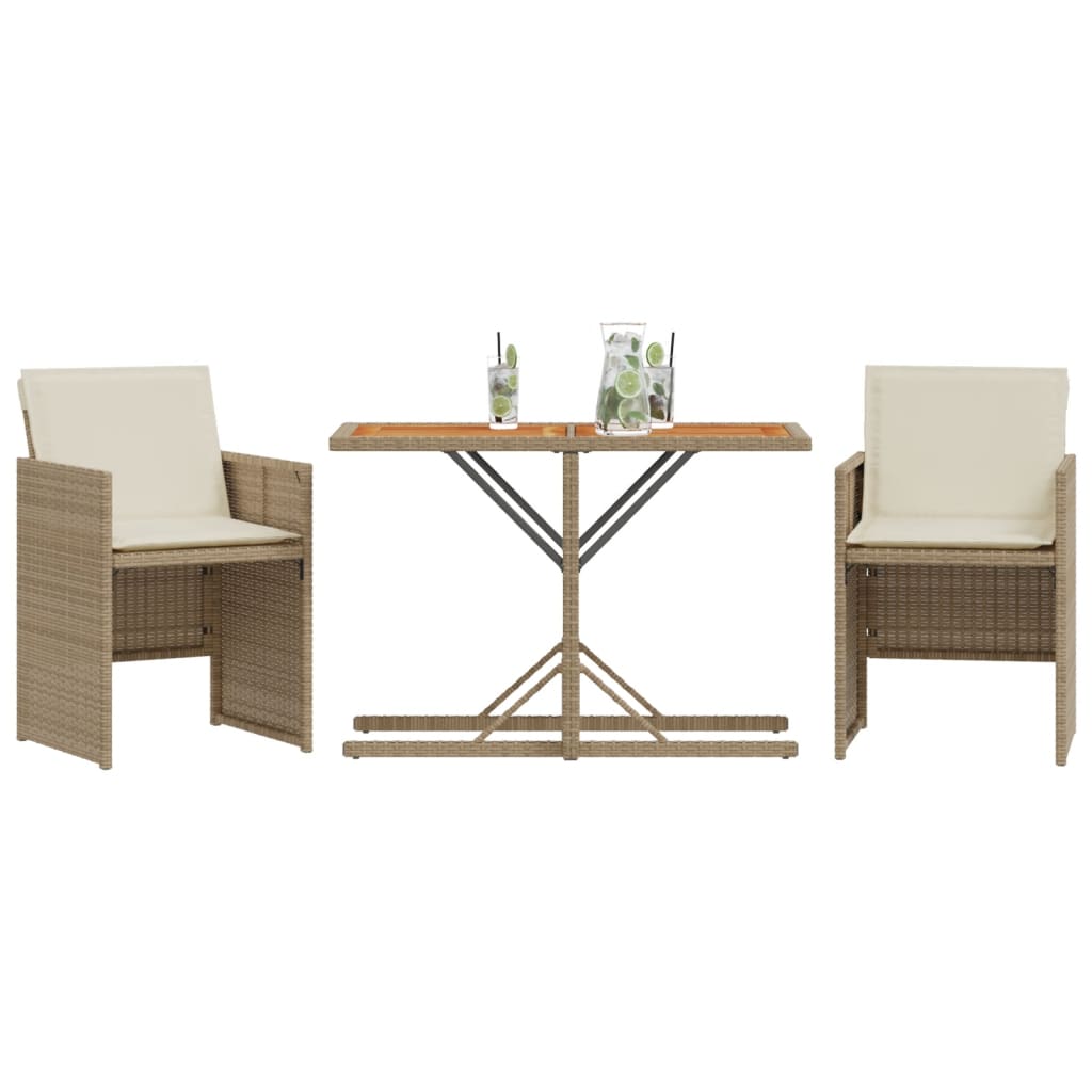 vidaXL 3-tlg. Bistro-Set mit Kissen Beige Poly Rattan