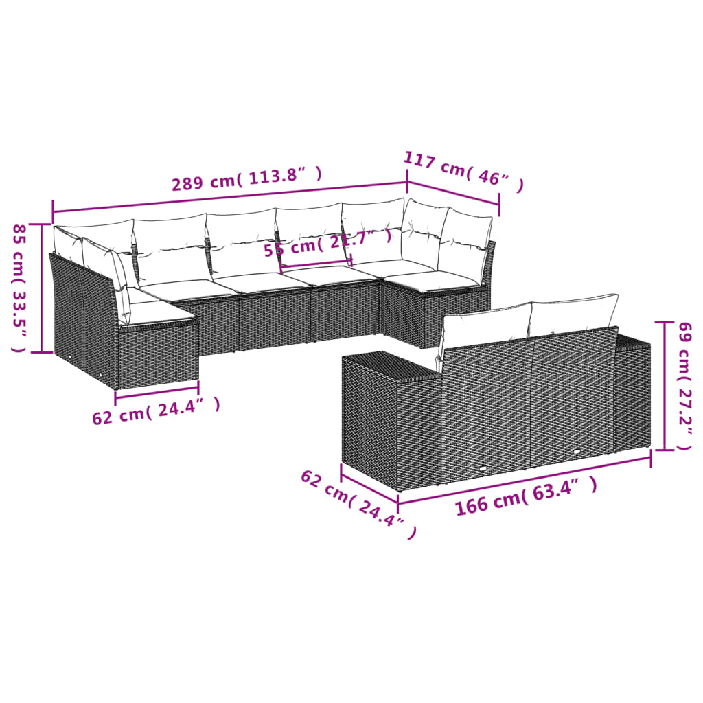 vidaXL 9-tlg. Garten-Sofagarnitur mit Kissen Schwarz Poly Rattan